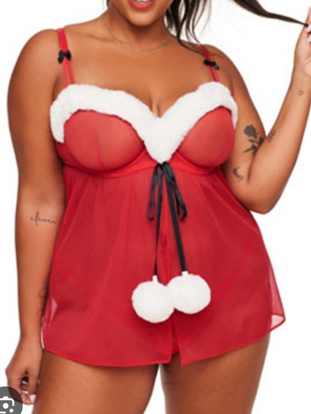 Adore Me Claussine Red Holiday Babydoll Lingerie with White Fur Trim 42H
